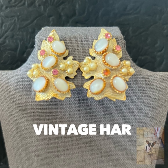 Vintage HAR Gold Tone Faux Pearl and Rhinestone Clip Earrings